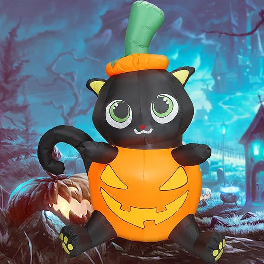 5FT Halloween Inflatable Pumpkin Cat, Lovely Black Cat with Build-in LED Lights, Blow up Halloween Inflatable Outdoor Indoor Decorations Large Party Yard Decoration (Black Cat in Pumpkin)