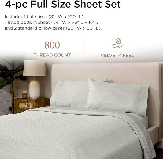 Threadmill Luxury Full Size Sheets for Full Size Mattress | 800 Thread Count Cotton Sheets | Jacquard Celine Light Grey | Better Than Egyptian Cotton| 4 Pc Bed Sheets | with Elasticized Deep Pocket