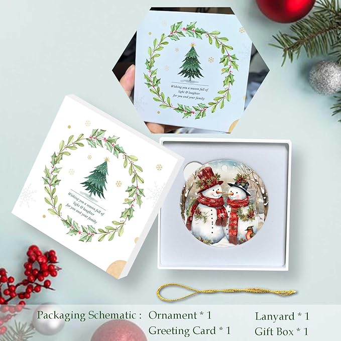 Snowman Couple Ornaments Winter Holiday Round Ceramic Colorful Hanging Ornament Christmas Keepsake Decor for Xmas Tree Winter Holiday Xmas Gift for Women Men 3"