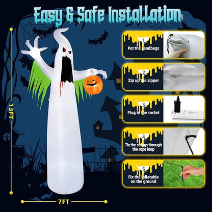 B&D 13FT Halloween Inflatables Outdoor Decorations, Giant White Ghost Inflatable Halloween Decorations Built-in Red LED Flame Light Halloween Blow up Inflatable Ghost for Party Yard Garden Lawn Decor