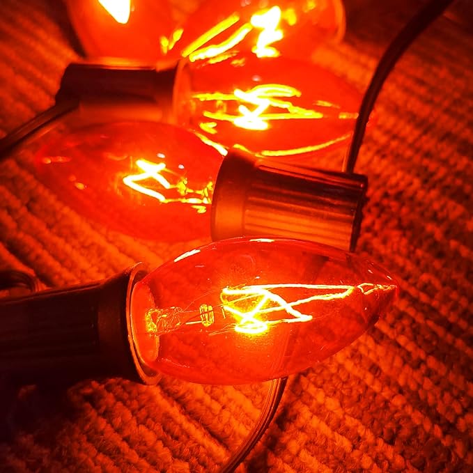 25 Pack C9 Clear Orange Light Bulbs,Orange Halloween Incandescent Bulbs for Indoor Outdoor Halloween Party Outside Lights,C9/E17 7Watt Chandeliers and Night Light Bulb