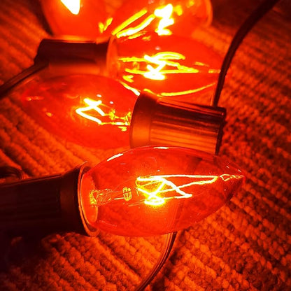 25 Pack C9 Clear Orange Light Bulbs,Orange Halloween Incandescent Bulbs for Indoor Outdoor Halloween Party Outside Lights,C9/E17 7Watt Chandeliers and Night Light Bulb