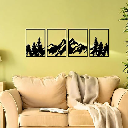ESTART 4 Pcs Metal Mountain Wall Art, Large Mountains Wall Decor, Mountain Rivers Decorative Painting Suitable For Living Room Bedroom Office Indoor And Outdoor (Mountain Forest)