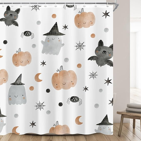 Cute Halloween Kids Shower Curtain 60"X72" Pumpkin Ghost Spooky Funny Shower Curtain Set for Bathroom Girls Boys Cartoon Lovely Waterproof Bathtub Curtain Bat Bathroom Curtain with Hooks