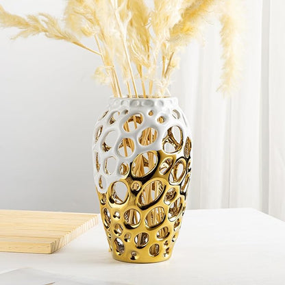 White and Gold Vases for Centerpieces, Openwork Ceramic Flower Vase 8.7" Hollowed Decorative Pampas Grass Vase Gold Table Decor for Home Living Room Dinner Room Bedroom Office Wedding