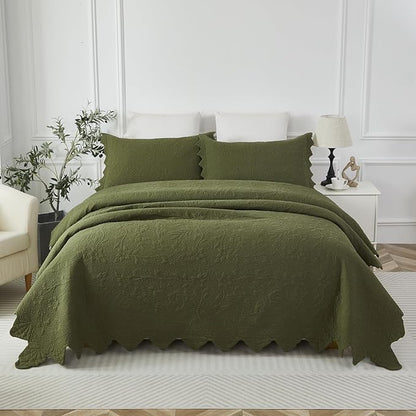 Brandream Queen Size Quilt Set Cotton Green Quilts Luxury Farmhouse Bedding Set Matelasse Coverlet Scalloped Quilt Set 3-Piece