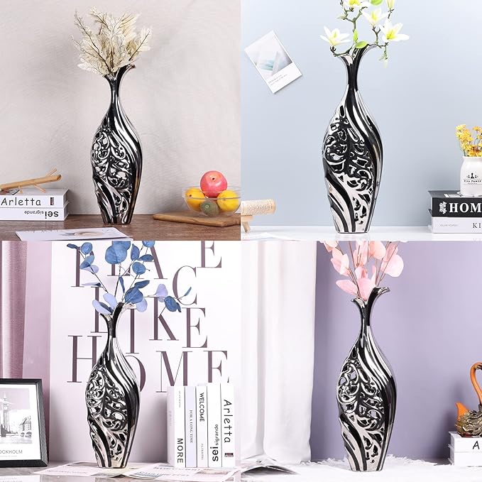 19 inch Tall Floor vase, Black and Silver Ceramic vase, Pottery Decorative vase, Unique Pampas Grass vase Suitable for Living Room Floor, Home Office, Porch Home Centerpiece Decorative Large vase