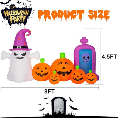 Halloween Decorations Outdoors 8FT Long Inflatable Pumpkin with Ghost and Skull Tombstone Scary Blow Up Halloween Pumpkin Decoration Built-in LEDs for Party Garden Lawn Decor