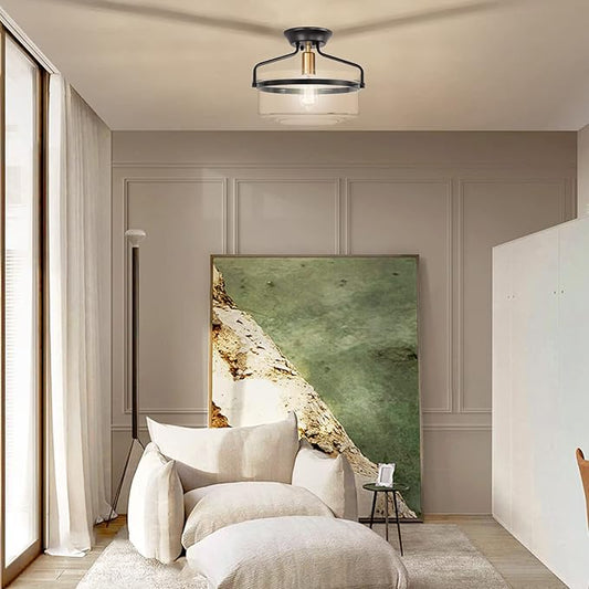 Semi Flush Mount Ceiling Light, 14.2" Farmhouse Fixture, Industrial Black and Gold Finish With Clear Glass for Hallway, Porch, Kitchen