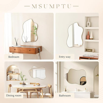 Irregular Wall Mirror Gold Wave Shaped Matel Framed Wall Mirror for Bathroom Bedroom Entryway Living Room Wall Decor 28" L x 20" W 2304Gold