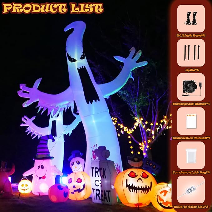 Gardwin 8FT High Halloween Inflatables Ghost Outdoor Decorations, Inflatable Yard Decorations, Blow up Outdoor Halloween Holiday Decor with 4 Color LED Lights for Home Yard Garden Lawn