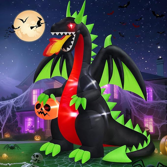 MICOCAH 8 FT Outdoor Halloween Inflatables Fire-Breathing Dragon with Flashing Red Eyes Holding Pumpkin Halloween Decorations Outside, Built-in LEDs Blow Ups for Yard Indoor Party Garden Lawn Decor