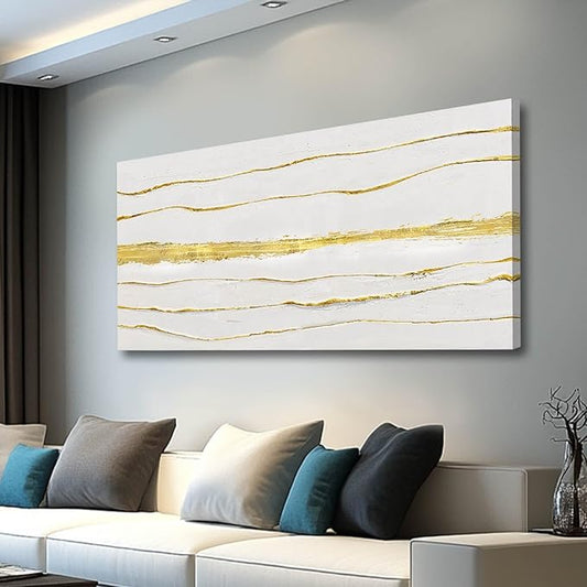 White Textured Wall Art Abstract Line Prints Living Room Wall Decorations Gold Foil Painting Large Framed Wall Decor for Bedroom Hotel 29x58 Inch
