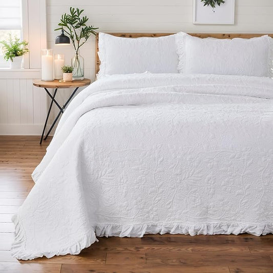 Brandream White Quilt Set Queen Size Cotton Shabby Chic Luxury Ruffle Bedspread Matelasse Coverlet Set 3-Piece