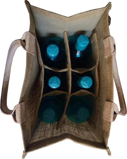 KVR natural Jute burlap wine beer water bottle cum can carrier bag with option to use as Grocery & lunch bag, Eco Environment Friendly versatile flexible (6 bottle bag, natural)