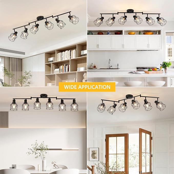 WILON Track Lighting Kit 6 Way Ceiling Spotlight-Industrial Flush Mount Ceiling Light Black Kitchen Ceiling Light Fixtures Kitchen Track Lighting Flexibly Rotatable Light Head E26 Base