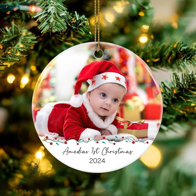Personalized Photo Christmas Ornaments 2025 - Custom Baby First Christmas Ornament 2025, Customized Name Xmas Ornament for Baby, Newborn, Grand Kids, Christmas Tree Decorations