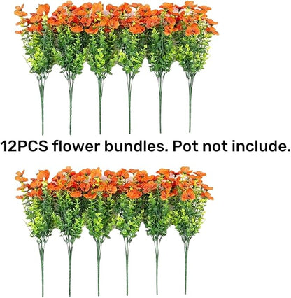 Artificial Fake Fall Mums Flowers Plants for Outdoor Outside Decoration, 12 Bundles Faux Silk Orange Daisy UV Resistant Look Real for Autumn Front Door Porch Planter Patio Garden Home