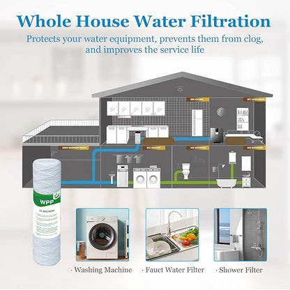20 Micron String Wound Whole House Water Filter 10" x 2.5", 10-inch Universal Sediment Pre-Filters for Well Water, Replacement Cartridge for FXWSC, CW-F, CW-MF, 1SS, W5W, AO-WH-PRE-R2, 6-Pack