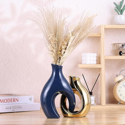 Ceramic Decorative Vase 2 Piece Set, Bohemian Style Openwork Blue and Gold Decorative Vase, Home Decor Aesthetics for Kitchen Cabinets, Office, Bedroom, Dresser, Entryway Table Decoration.