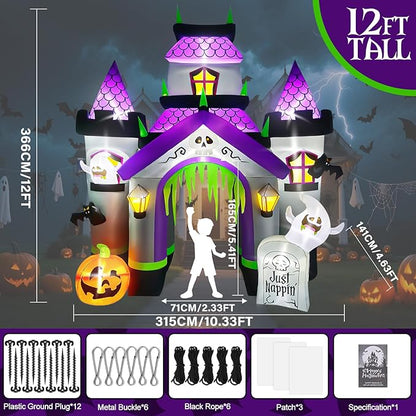 Kalolary 12FT Halloween Inflatables Haunted House Castle Archway with LED Lights, Giant Ghost Pumpkin Arch Blow Up Halloween Outdoors Yard Decoration Scary Inflatable for Garden Lawn Indoor Decor
