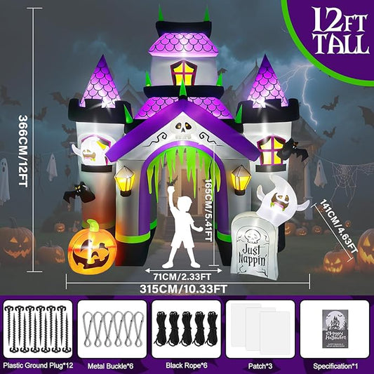 Kalolary 12FT Halloween Inflatables Haunted House Castle Archway with LED Lights, Giant Ghost Pumpkin Arch Blow Up Halloween Outdoors Yard Decoration Scary Inflatable for Garden Lawn Indoor Decor