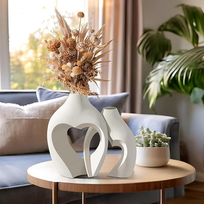White Vases for Decor, Heart Shaped Ceramic Vase Set of 2, Nordic Modern Heart Vases, Minimalist Decorative Vase for Table Centerpiece Wedding Living Room House Decoration