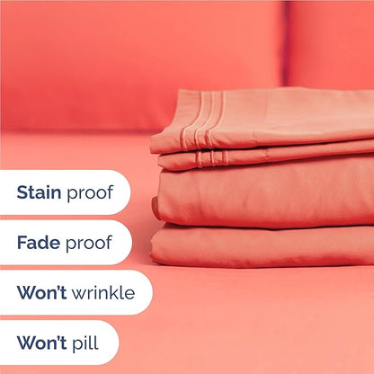 Full Size 4 Piece Sheet Set - Comfy Breathable & Cooling Bed Sheets Set - Hotel Luxury Bedding for Women, Men, Kids, Teens, Boys & Girls - Deep Pockets, Ultra-Soft and Wrinkle Free - Oeko-Tex - Coral
