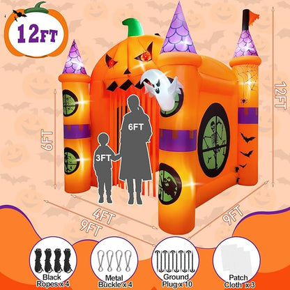 Kalolary 12FT Halloween Inflatables Archway Pumpkin Haunted House, Giant Pumpkin Ghost Arch Inflatable with Built-in Lights Blow Up Halloween Outdoor Yard Decoration for Garden Lawn Outdoor Decors