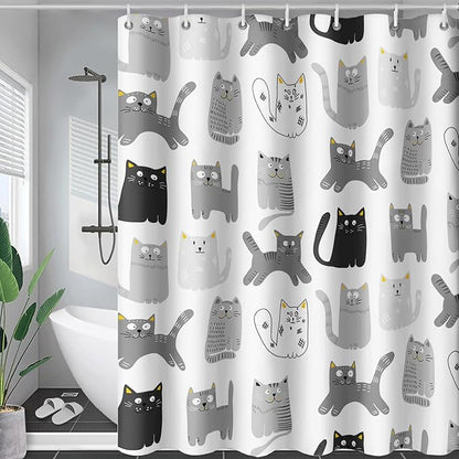 AILONEN Cat Shower Curtain 72" W*96" H Funny Cartoon Cat Grey Printed Bath Curtain Cat Theme Shower Curtain Minimalist Bathroom Curtain Decor Polyester Waterproof Curtain with 12 Hooks