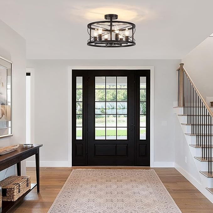 6-Light Black Semi Flush Mount Ceiling Light, 16.93'' Modern Farmhouse Close to Ceiling Light Fixtures, Ceiling Lamp for Hallway Entryway Kitchen Dining Room Living Room Bedroom Lights, UL Listed