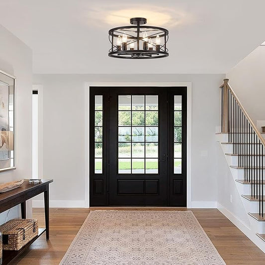 6-Light Black Semi Flush Mount Ceiling Light, 16.93'' Modern Farmhouse Close to Ceiling Light Fixtures, Ceiling Lamp for Hallway Entryway Kitchen Dining Room Living Room Bedroom Lights, UL Listed