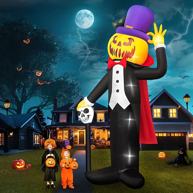 Kalolary 14FT Halloween Inflatable Pumpkin Vampire Outdoors Decoration, Blow Up Yard Decorations with Built-in LED Lights Giant Pumpkin Inflatable for Halloween Party Garden Lawn Outdoor Decor