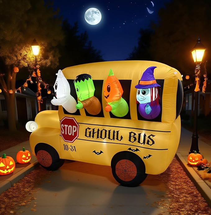 8FT Halloween Inflatable Ghoul Bus with LED Lights - Giant Haunted School Bus Yard Decoration for Outdoor Halloween Party, Haunted House, Trick or Treat Decor (Ghost, Pumpkin, Witch Design)