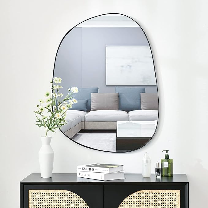 Asymmetrical Wall Mirror for Decor 27"*35", Modern Black Framed Wall Mirror for Living Room Bathroom Bedroom Entryway ELE-STOU-0063HEI
