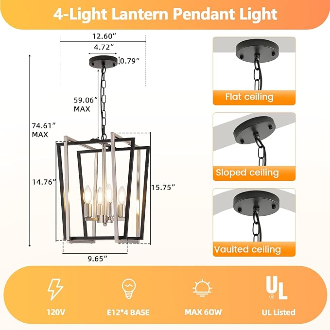 4-Light Silver Chandelier, Farmhouse Lantern Pendant Lighting Fixtures, Industrial Ceiling Light, Adjustable Height Rustic Geometric Hanging Chandelier for Kitchen Island,Entryway,Foyer,E12 Socket