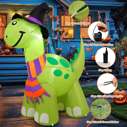 COMIN 6 FT Tall Halloween Inflatables Dinosaur Outdoor Decorations Blow Up Yard Decoration with Built-in LED for Yard Garden Party Lawn