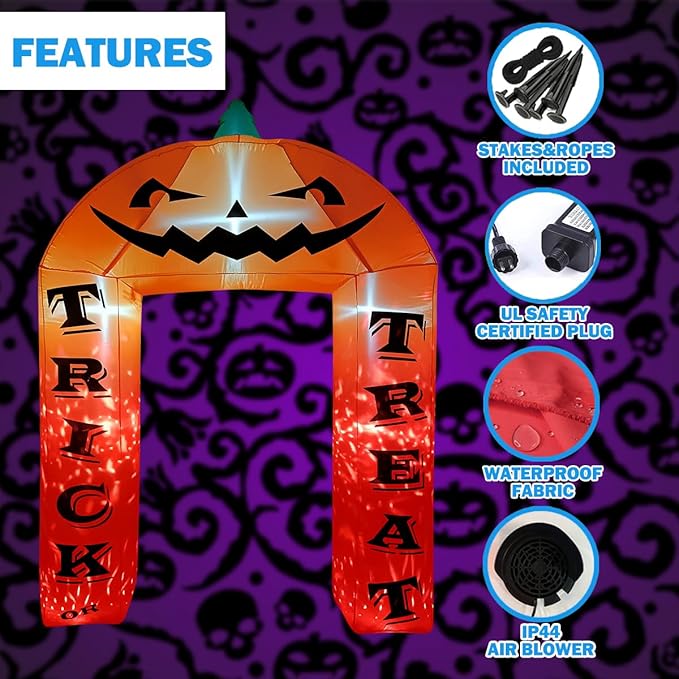 BLOWOUT FUN Halloween Decorations 9 FT Halloween Inflatable Pumpkin Archway Decor, Large Blow Up Yard Decorations with Built-in Blower & Fire LED Lights, Halloween Inflatables for Lawn Garden Party