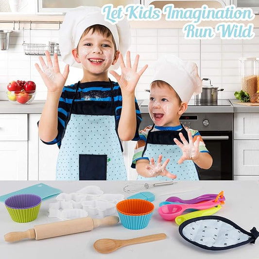 Vanmor Kids Basic Cooking and Baking Sets, 26 Pcs Kids Baking Sets with Kids Chef Hat and Apron for Girls Boys Toddler Dress Up Chef Costume Career Role-Playing Toys for 3456 Years Old Girl Boys Gifts