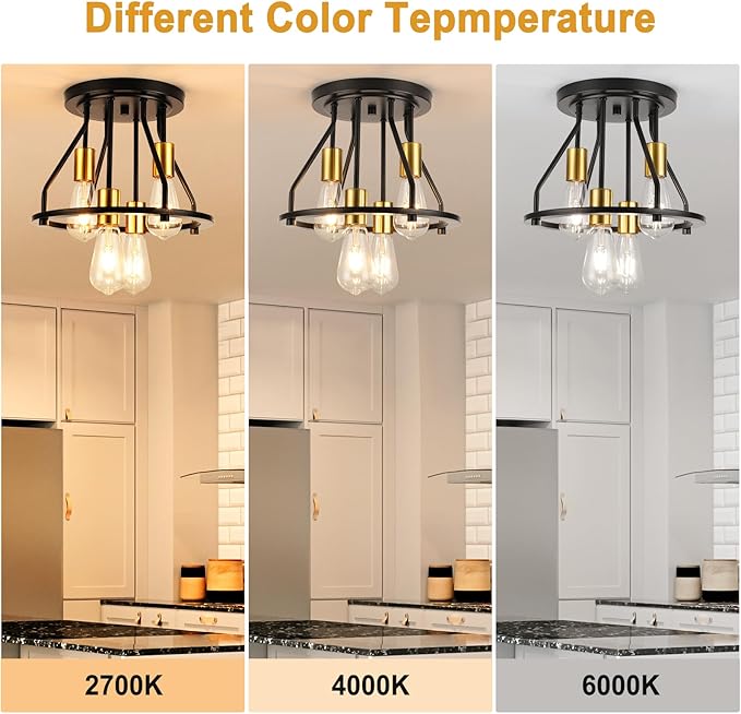 WILON Semi Flush Mount Ceiling Light 4-Light Ceiling Light Fixtures - Black Gold Farmhouse Kitchen Light Industrial Hallway Light Fixtures Ceiling Lamp for Hallway Kitchen Foyer (E26 Socket)