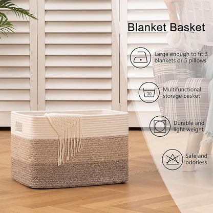 OIAHOMY Rectangle Woven Storage Basket - Nursery Cotton Rope Baskets for Storage For Living Room, Toy and Blanket Organizing, 18"x14"x12"- Pack of 3 - Gradient Yellow