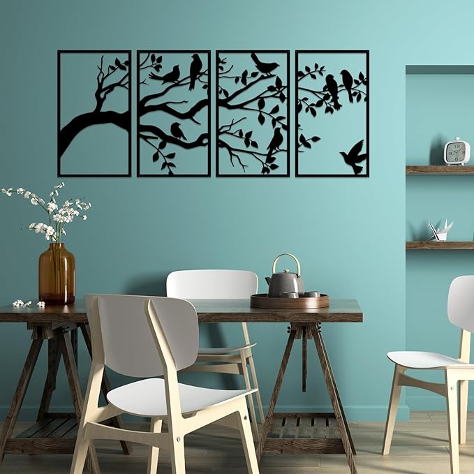 ruelen Wall Decor 4 Pieces Metal Birds and Branch Wall Art, Tree of Life Metal Wall Art, Black Leaves with Birds Silhouette Hanging Wall Sculpture for Indoor Home Bedroom Living Room Office Outdoor