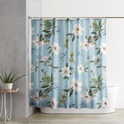 AILONEN Flower Shower Curtain, White Gardenia on Blue Background Fabric Shower Curtains for Bathroom,Elegant Floral Pattern Shower Curtain Set for Girls Women Couple,60" W*72" H