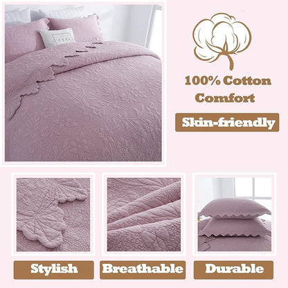 Brandream Queen Size Quilt Set Cotton Farmhouse Quilted Comforter Set Dusty Pink Vintage Matelasse Coverlet Set Antique Bedroom Set