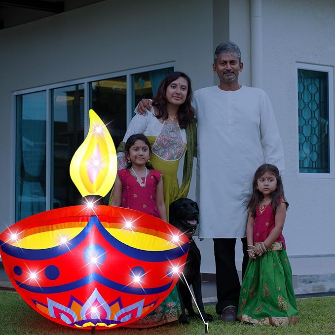 VIHOSE 4 ft Happy Diwali Inflatables Diya Deepavali Themed Blow up Decor Indian Festival LED Lights Inflatable Decoration for Outdoor Indian Diwali Lights Party Lawn Decorations