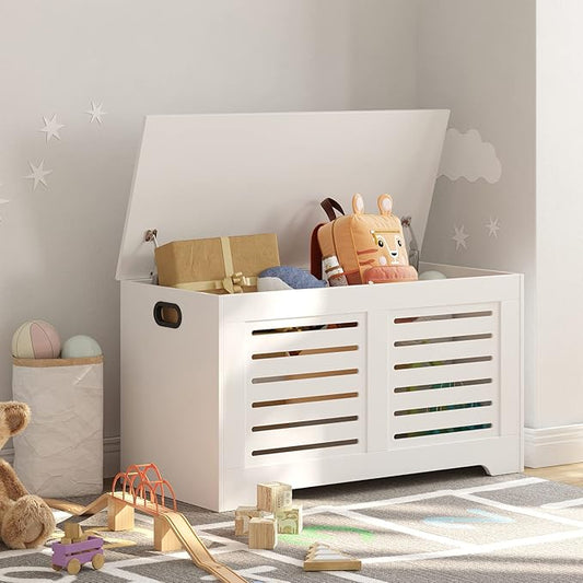 DINZI LVJ Storage Chest, Flip-Top Wooden Toy Box with 2 Safety Hinges, Retro Entryway Shoe Storage Bench, Sturdy Large Storage Trunk for Living Room, Bedroom, Easy Assembly, White
