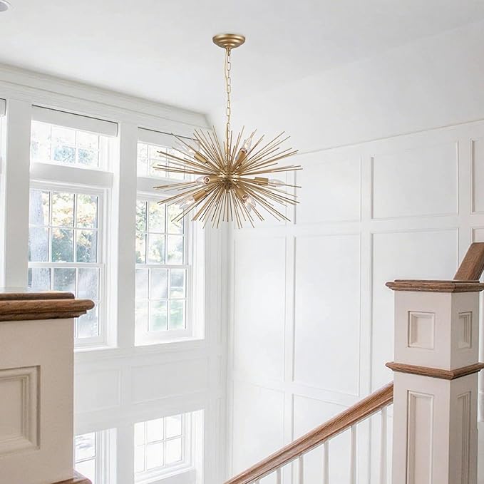 24" Modern Golden Sputnik Chandelier Vintage 9-Lights Geometric Starburst Chandelier Light Fixture Gold Solid Metal Sputnik Chandeliers for Dining Room, Kitchen, Bedroom, Living Room, E12