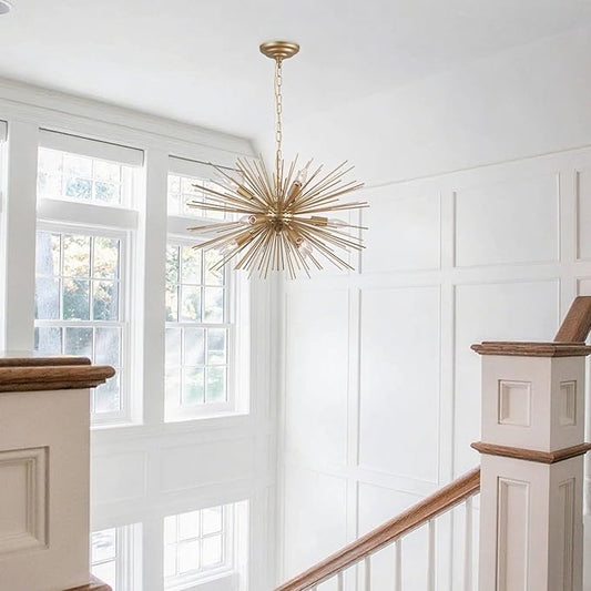 24" Modern Golden Sputnik Chandelier Vintage 9-Lights Geometric Starburst Chandelier Light Fixture Gold Solid Metal Sputnik Chandeliers for Dining Room, Kitchen, Bedroom, Living Room, E12