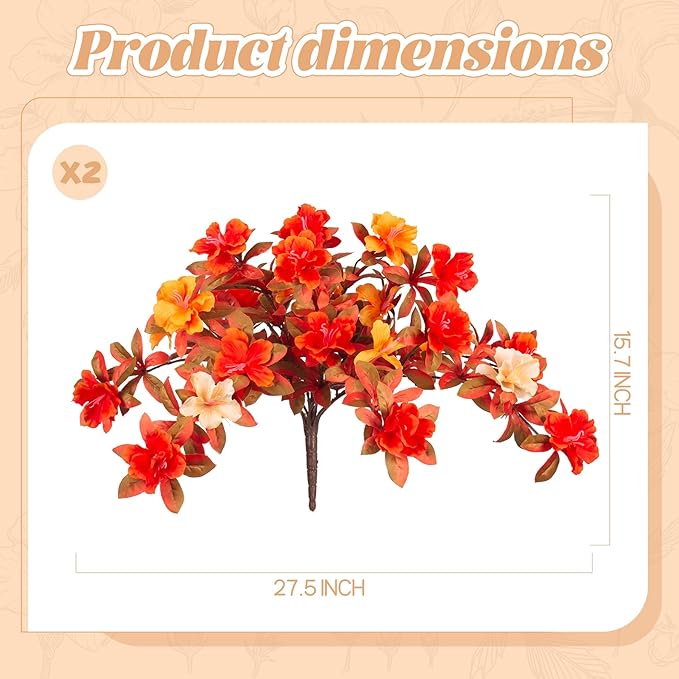 Fall Flowers Artificial for Decoration, Fake Silk Rhododendron Flowers for Outdoors, 2 Bundles Faux Azalea Outside UV Resistant No Fade Floral for Home Garden Balcony Walkway Wedding Party Decor