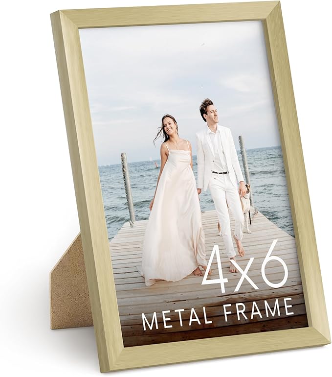 HAUS AND HUES 4x6 Gold Picture Frame - Modern Brush Finish - Photo Frame 4x6 Aluminum, Vertical Hanging, Easel Back for Tabletop, Home, Office (4x6 inch frame, Gold)
